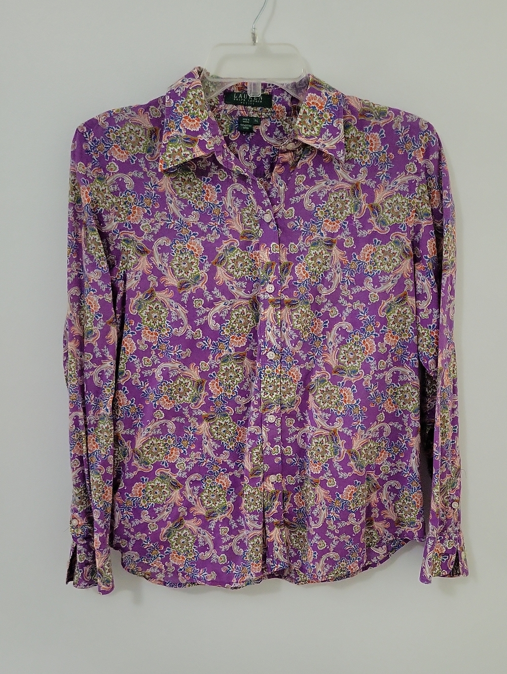 Lauten Ralph Lauren Purple Paisley Cotton Button-Up, Size Large Petite
